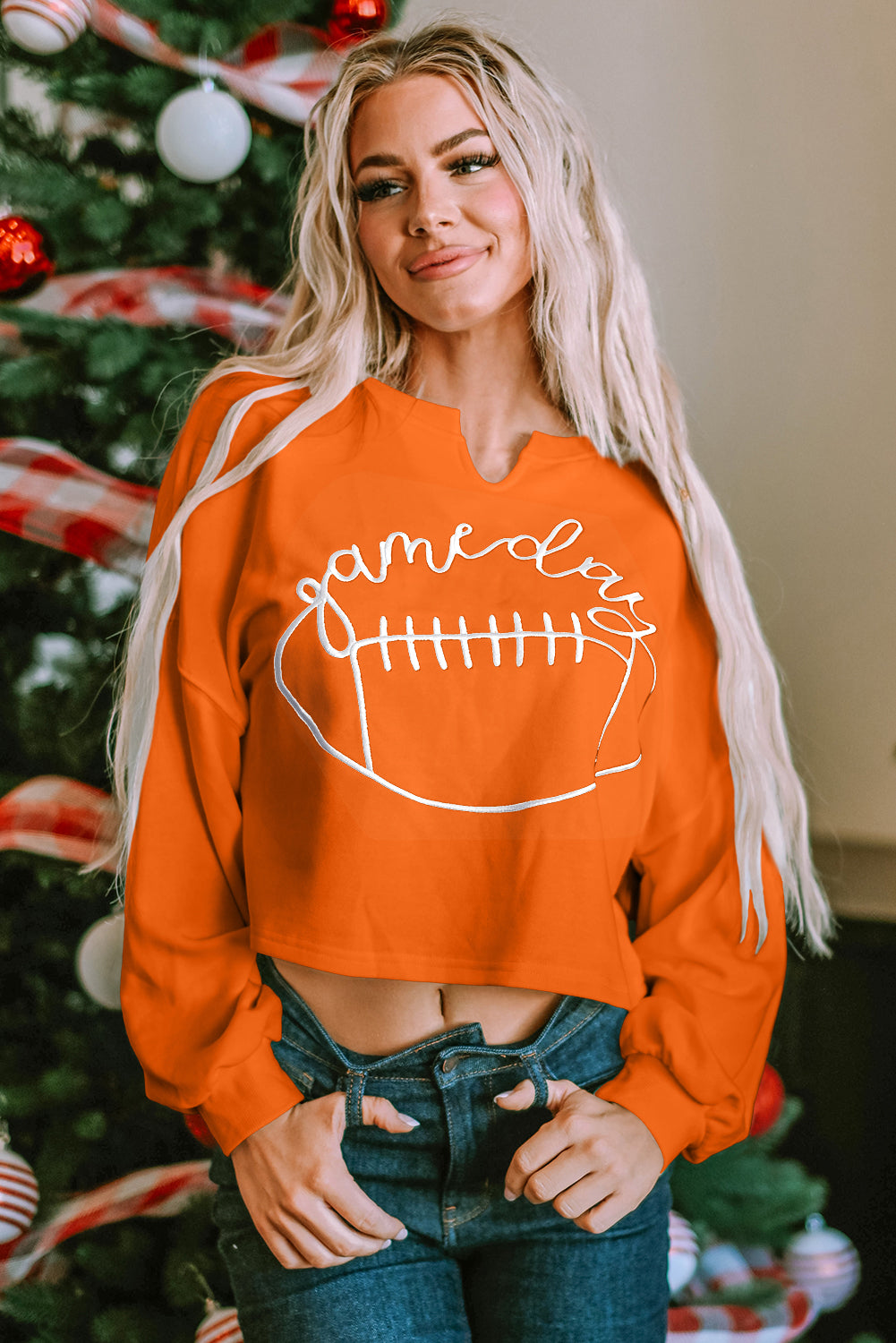 Orange Game Day Lettering Notched Neck Sweatshirt