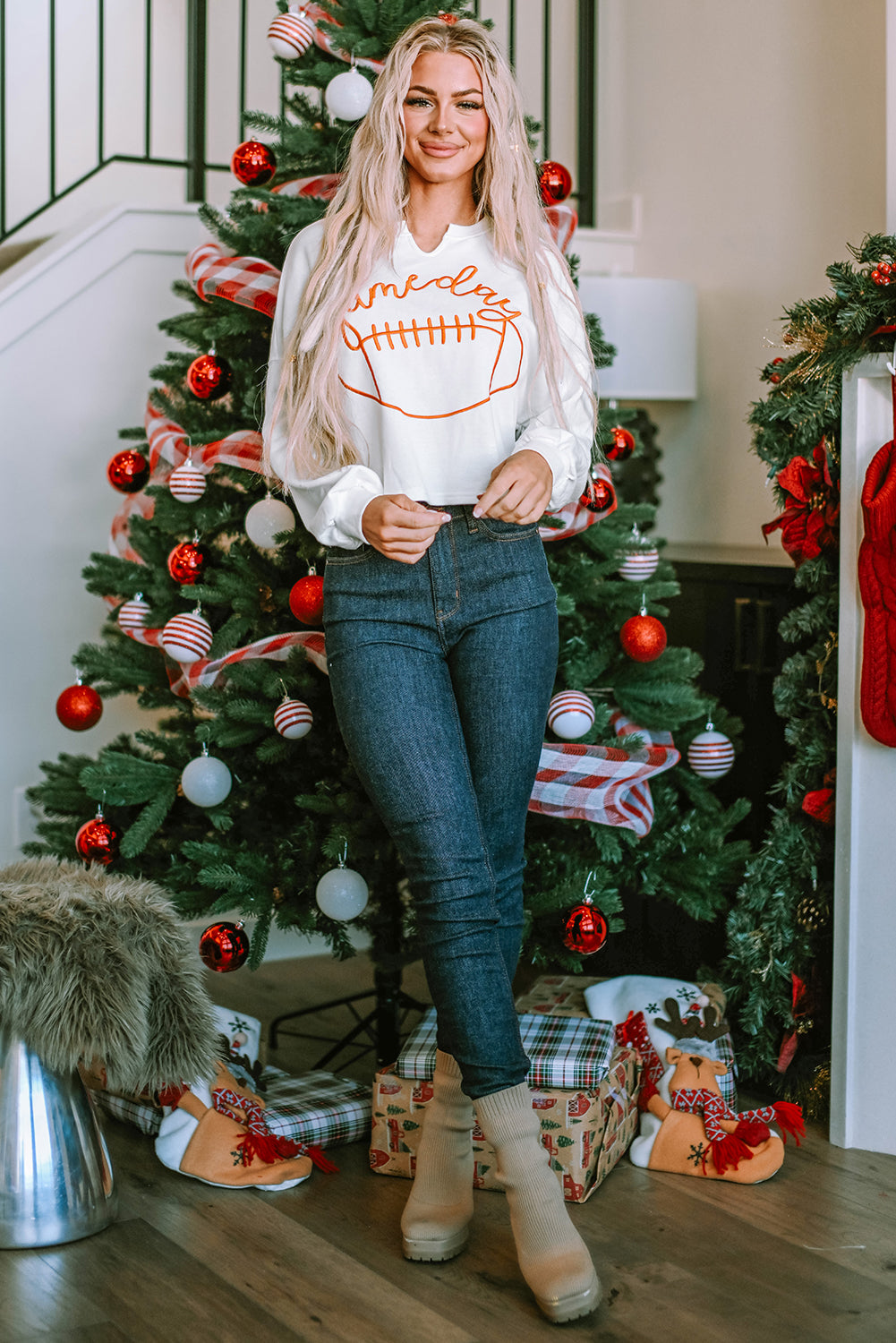 Orange Game Day Lettering Notched Neck Sweatshirt