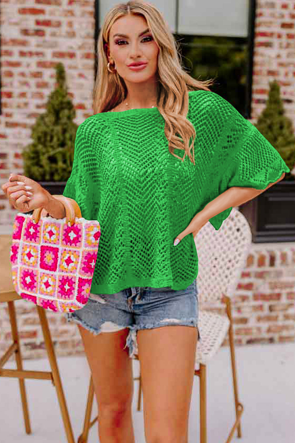 Rose Red Pointelle Knit Scallop Edge Short Sleeve Top