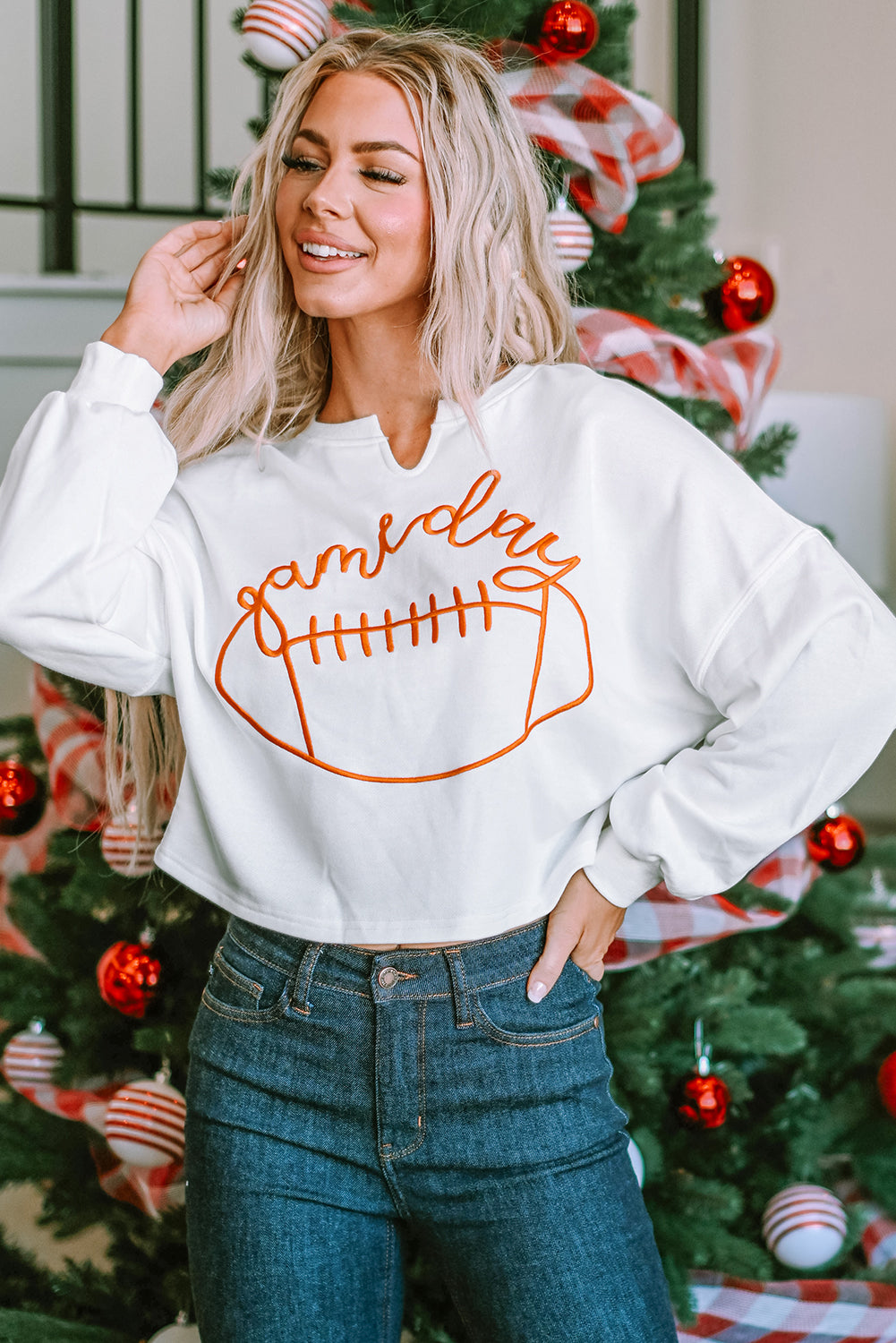 Orange Game Day Lettering Notched Neck Sweatshirt