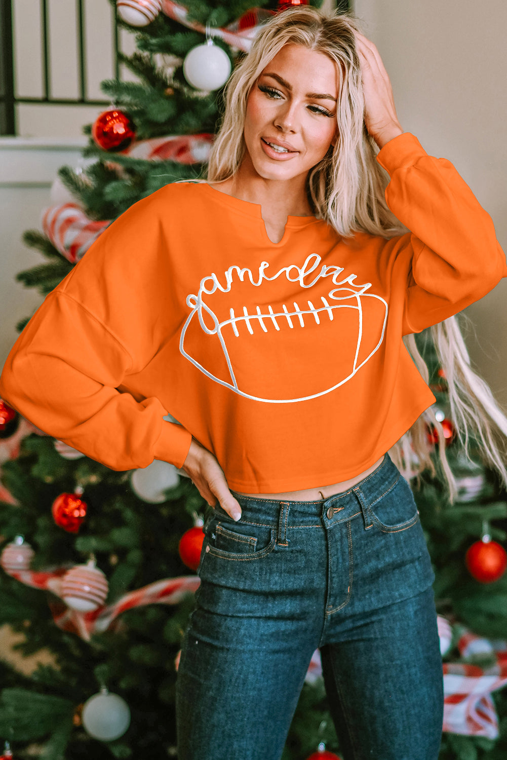 Orange Game Day Lettering Notched Neck Sweatshirt