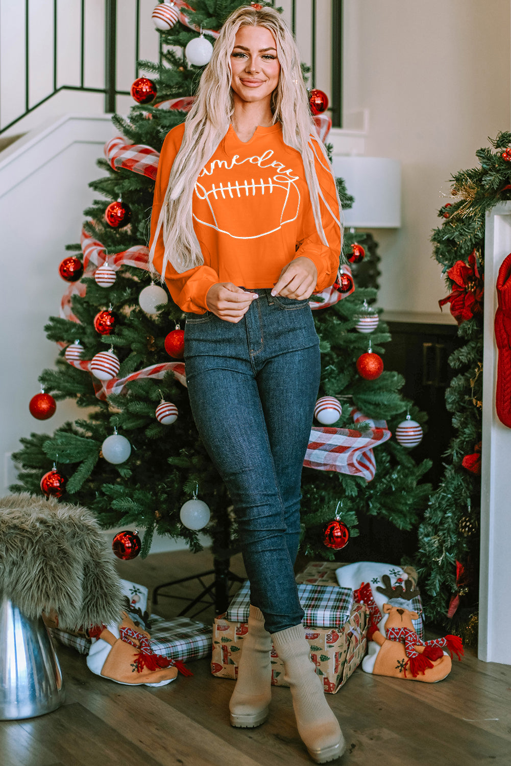 Orange Game Day Lettering Notched Neck Sweatshirt