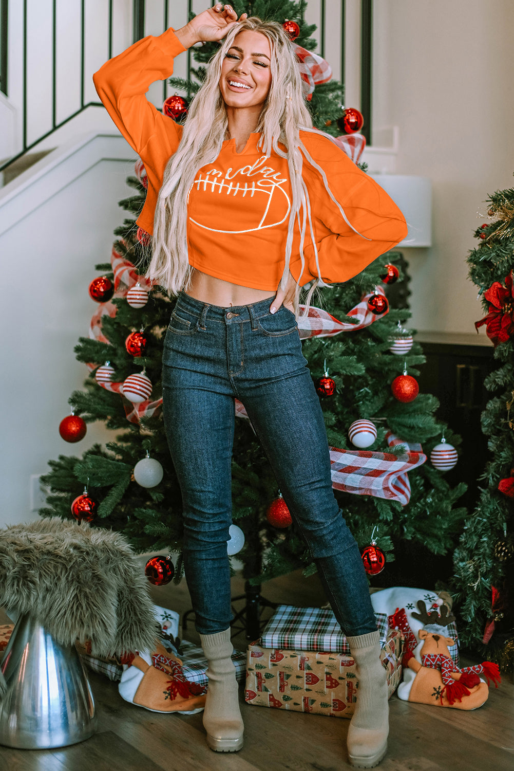Orange Game Day Lettering Notched Neck Sweatshirt