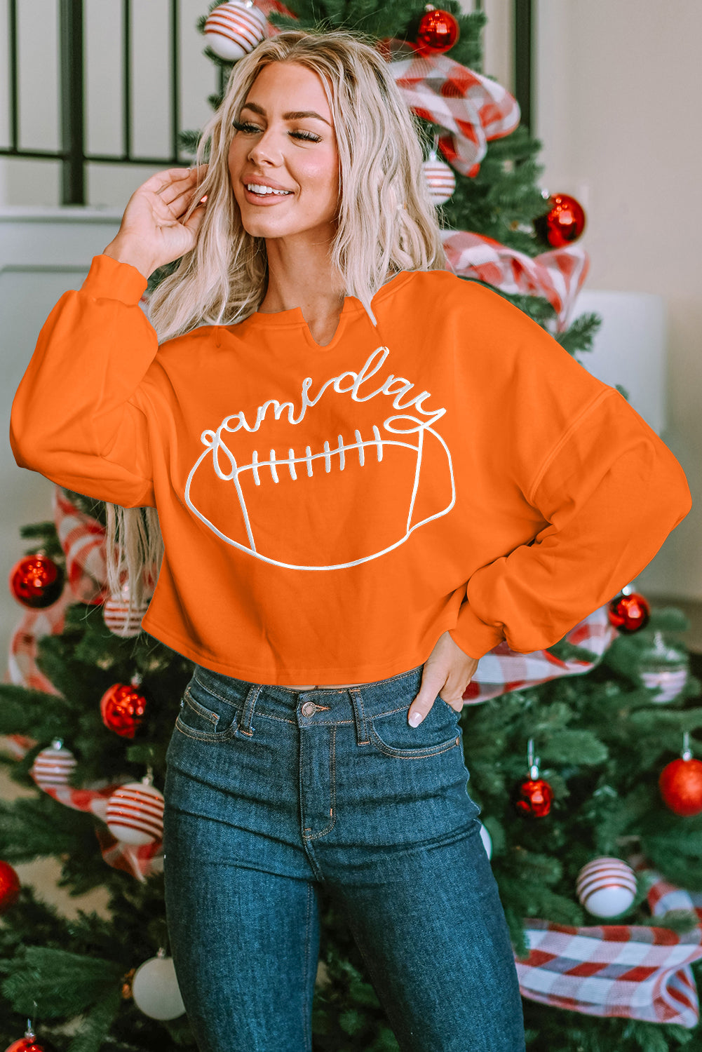 Orange Game Day Lettering Notched Neck Sweatshirt