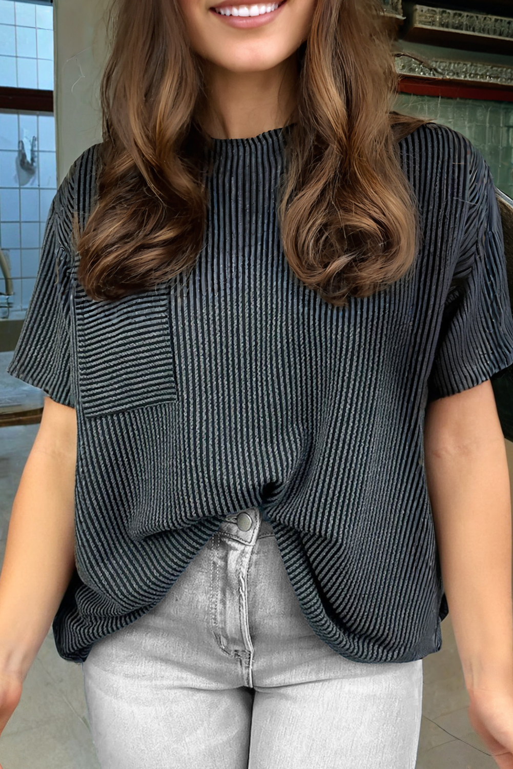 Pink Corded Knit Pocketed Loose Fit T Shirt