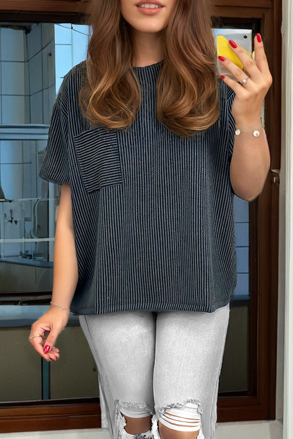 Pink Corded Knit Pocketed Loose Fit T Shirt
